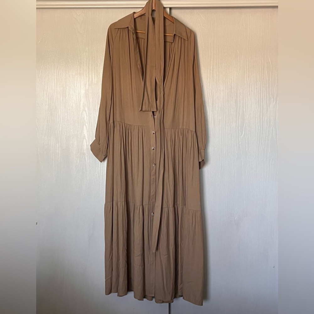 Tan Tiered Maxi Dress with Cuffed Sleeves